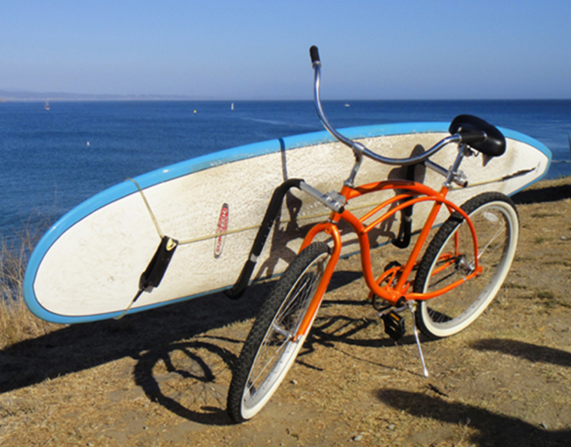 Electric bike with online surfboard rack